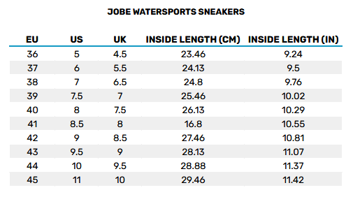 2025 Jobe Watersports Sneakers 0 Størrelsesskema